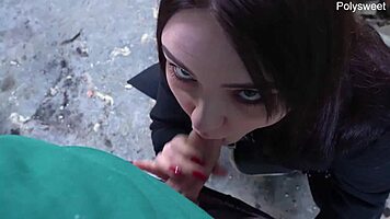 why is this blogger girl sucking a guy in a deserted place? and he cums on her face!