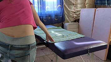 redhead sasha grein came for massage, got fully undressed by him