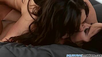 Wow! Erotic lesbian teen babe squirts while riding strapon pussy!