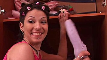 Sexy skinny in mini skirt, wanna ride this dildo at home?