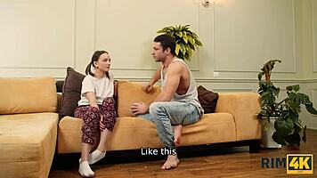 In the workspace, a beautiful russian woman in stockings and heels gets her ass licked and rimmed doggystyle.