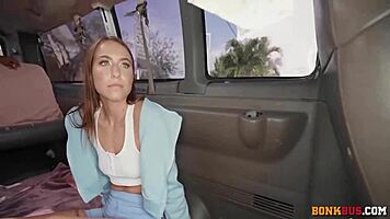 Violet Reign, cute brunette gets fucked doggystyle on bus, bent over hairless ass, blowjob and facial