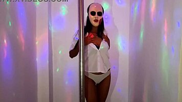 Dirty hot student brunette dances after class, showing tight wet pussy under skirt!