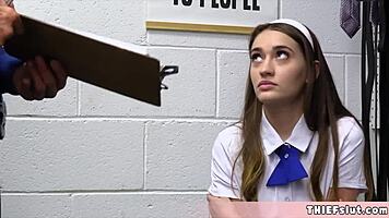Cute shoplifter Sera Ryder caught with a dildo, showing the cop her skills.