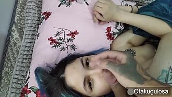 Nerd teen blows cock, gets cumshot on shaved pussy.