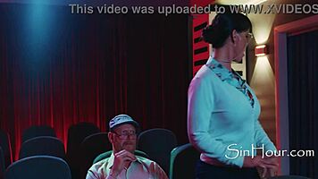 horny teen fucks in public cinema with tall brunette