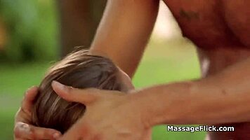 Outdoor massage with teen turns into deep throat blowjob