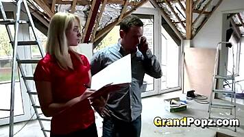 in the dimly lit room, the desirable blonde babe craved the old man's cock, sucking it eagerly while he played with her shaved tits