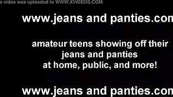 Tiny teen 18+ Missy slips out of tight skinny jeans and panties.