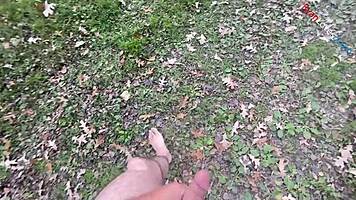 dirty talking outdoors naked, then masturbating and cumming barefoot in pov