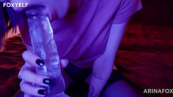 Redhead Arinafox masturbates with dildo while parents are away, shaved pussy solo fun.