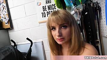 Cute blonde thief caught with huge dildos in sexshop