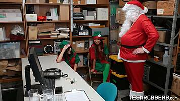 Perv Santa Claus Fucking Two Cute Elfs At His Office