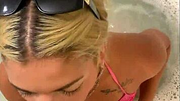 caught in the shower, she deepthroats his cock