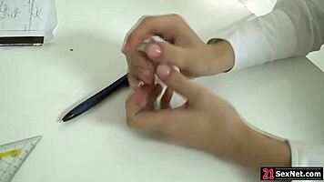 Lesbian teen 18+ surprises classmates with a 3some in the classroom using dildos and ass licking.