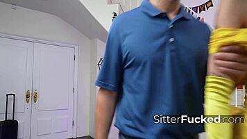 I caught the teen 18+ babysitter slut planning a seductive Halloween party in my house while cheating