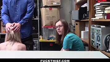 loss prevention officer proceeds to punish fuck female suspect with big cock blowjob while male suspect looks on