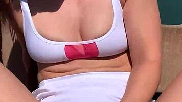 brunette babe abbie maley performs public sex acts on the tennis court, including deepthroat blowjobs