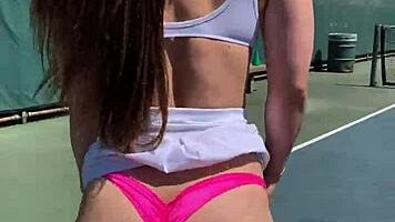 brunette babe abbie maley performs public sex acts on the tennis court, including deepthroat blowjobs