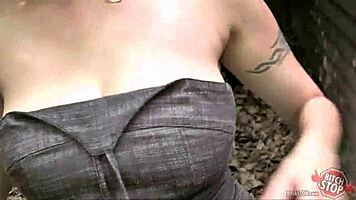 Busty Michala stops bitching and gets fucked outdoor on the street. Hitchhiker POV hardcore with big tits.