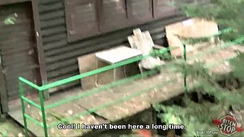 Busty Michala stops bitching and gets fucked outdoor on the street. Hitchhiker POV hardcore with big tits.