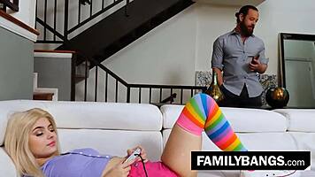 Wow! Stubborn Father Punishes Tiny 18+ Stepdaughter Aria Banks for Gaming All Day with Brad Newman!
