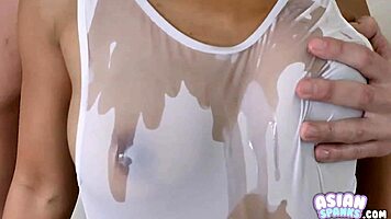 Flat asian petite babe masturbates shaved pussy in jav video. Cute contrast with small tits.