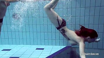 Bushy and round ass girls strip and swim in pool, beach, and outdoor areas