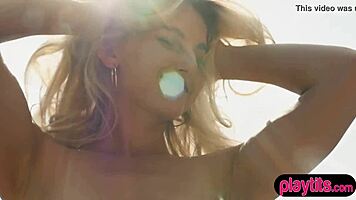 Beautiful blonde babe outdoor strip at the alps.