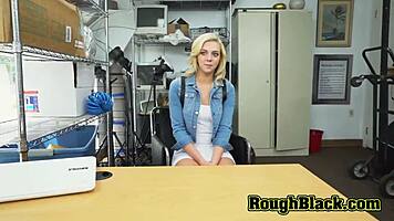 Slutty blonde cutie gives blowjob and handjob to horny black monster cock stud during casting