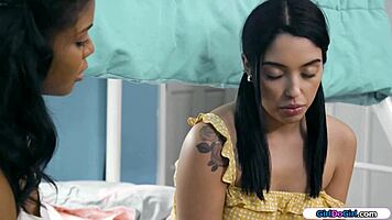 Teen Faces Ebony's Shaved Pussy in Interracial Lesbian Camp