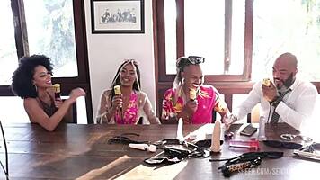 Black Couple in Sensual Event, Sheer Red Lingerie Teasing