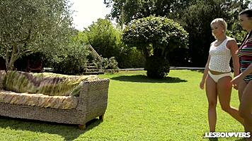 Lesbo lovers Lucy Li and Tracy Lindsay savor juicy slits in the garden