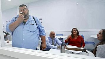 Sexy big-tit secretary Sasha Pearl sucks Parker Ambrose’s huge dick in office bathroom.