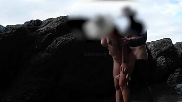 amateur couple fucks outdoors on the beach in sexy bikinis with perfect bodies