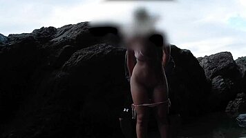 amateur couple fucks outdoors on the beach in sexy bikinis with perfect bodies