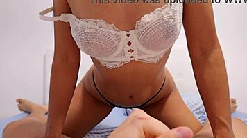 oh, that masked brunette rides cowgirl and cums quick!