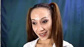 Asian teen in uniform rides hard for a wild facial! Wow!