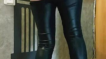 Girl spanks her ass in leggings while fingering pussy, husband at work.