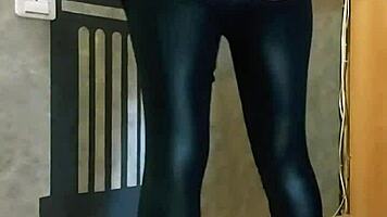 Girl spanks her ass in leggings while fingering pussy, husband at work.