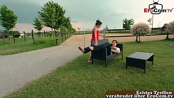 German slim teen 18+ takes big cock outdoors intensely