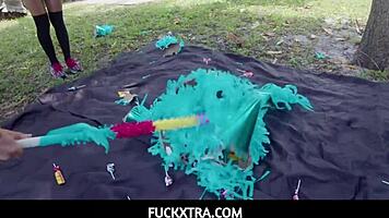 this stud gets fucked by tiny 18+ teens on his birthday, freya von doom and sweet sophia