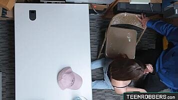 Rebel teen shoplifter forced to suck big cock in shop