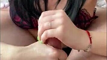 egg massage and dick fingering - blowjob and cum in mouth from a sweet brunette