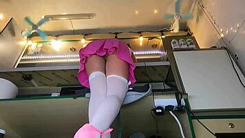 Sexy Brunette Caught on Voyeur Cam Upskirt at Work. No Panties Spotted!
