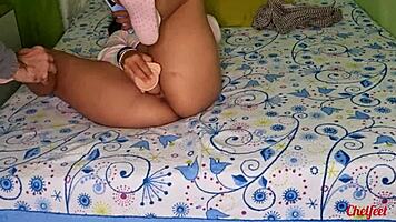 Fucking my pussy with dildo while watching porn, Tinder date teases my feet.