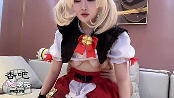 In this cosplay scene, a cute asian beauty with a wet pussy waits for the traveler to train her in missionary and blowjob.