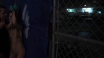 group sex slave gets fast rough anal in outdoor public bondage