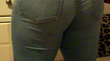 Chubby Young Woman Dresses in Panties and Jeans in Bedroom