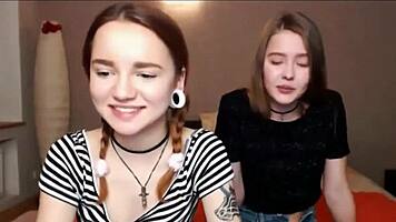 teen lesbians best friends exploring webcam fun with dildo and tits
